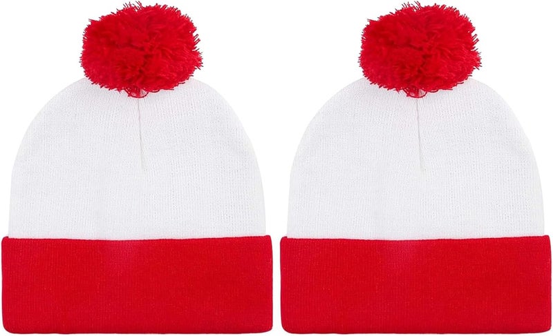 AWNALEEO Red White Pom Pom Cuff Knit Beanie Hat - Waldo Costume - Adult Halloween Hat Christmas Beanie Hat - Image 1